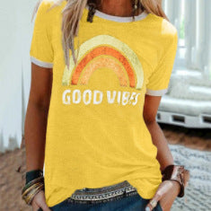 Fashion Rainbow Good Vibes Crew Neck Short Sleeve Top