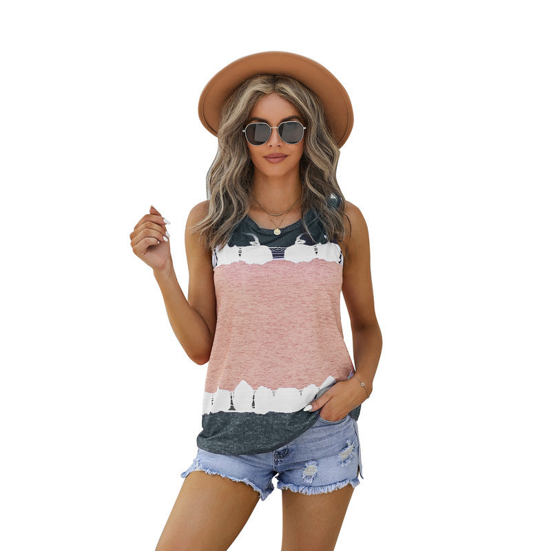 Contrasting Color Casual Loose Round Neck Tank