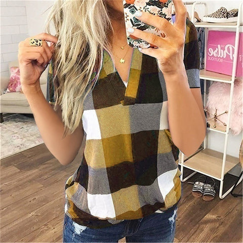 Plaid Printed V-Neck Short-Sleeved Top