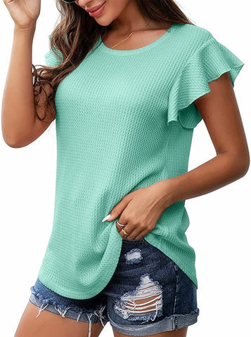 Waffle Solid Color Short Sleeve Round Neck Ruffle Sleeve Top