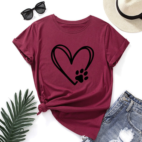 Women's Loose Round Neck Short Sleeve T-shirt With Heart-shaped Paw Print