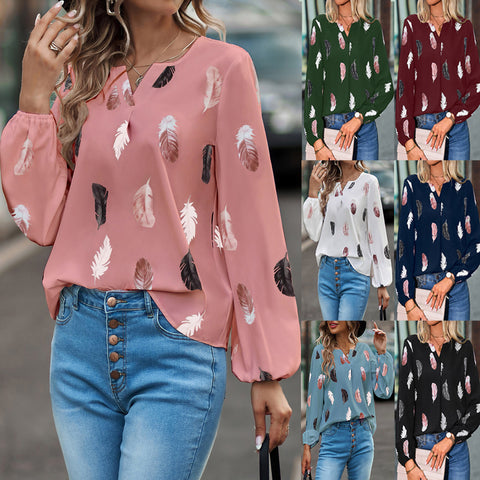 Women's Leaf Pattern Long-Sleeve Top