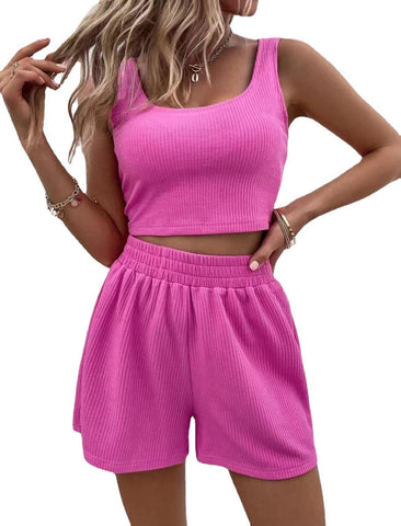 Knitted Square Neck Top with Elastic Shorts Solid Color 2Pcs Sets