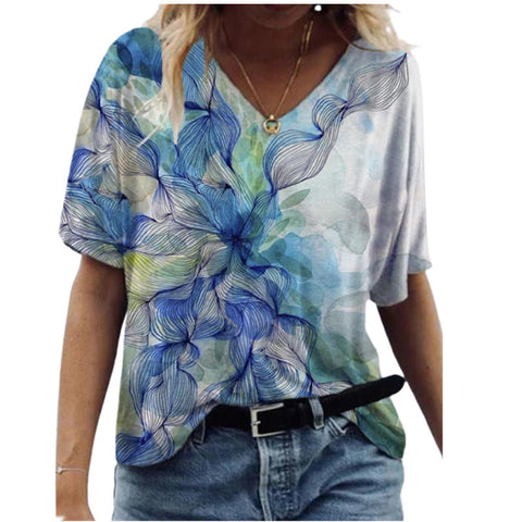 Butterfly Print Short Sleeve V-neck Ladies Top