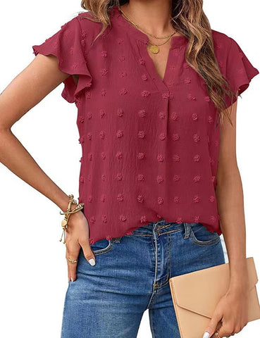 Women V Neck Ruffle Short Sleeve Blouse