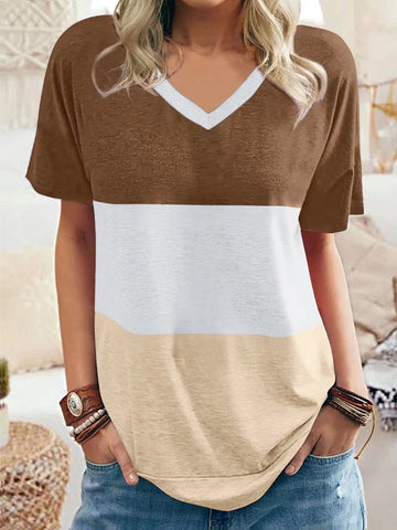 Women's Color Matching V-neck Casual Loose Short Sleeve