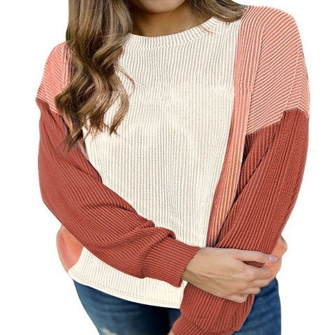 Loose Round Neck Contrast Color Pullover Sweater For Women