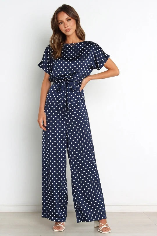 Round Neck Short Sleeve Polka Dot Printed Lace Up Waist-tight Jumpsuit