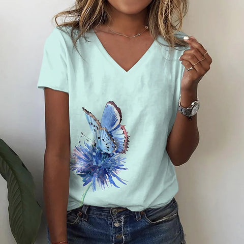 Fashion Butterfly Print V-neck Short Sleeve Top