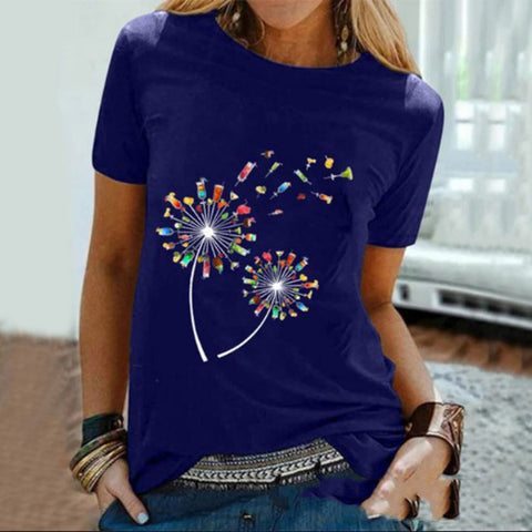 Wine Glass Dandelion Print Round Neck Short Sleeve Top