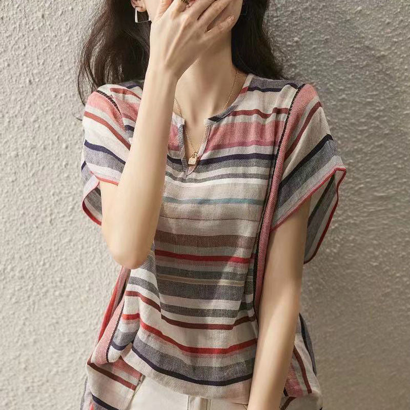 New Striped Shirt Women's Short Sleeve Loose Top