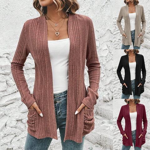 Autumn And Winter Long Sleeve Solid Color Mid-length Knitted Cardigan with Pockets