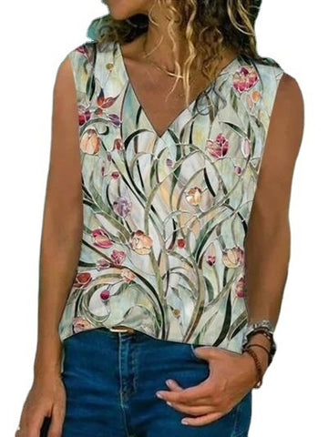 Printed V-neck Sleeveless Tank