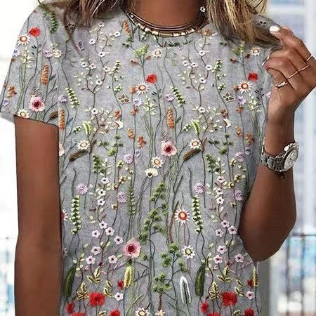 Loose Round Neck Short Sleeve Floral Printed Top