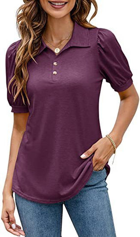 Polo Shirt Button Down Neck Puff Sleeve Loose Top