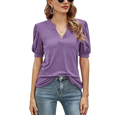 Women's New Casual V-neck Puff Sleeve Loose Women's Top