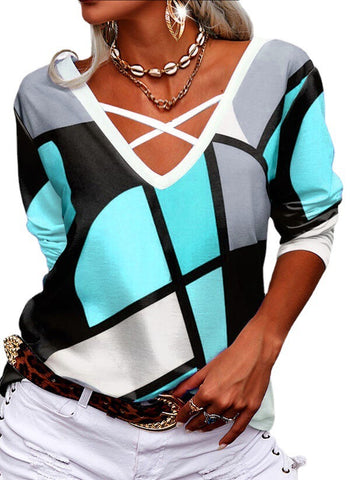 Long Sleeve Casual Loose V-neck Cross Geometric Print