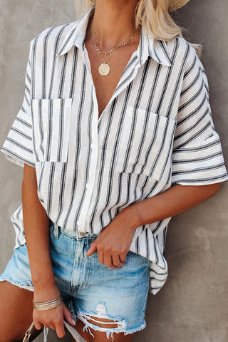 Five-Point Sleeve Striped Shirt Loose Single-Breasted Top