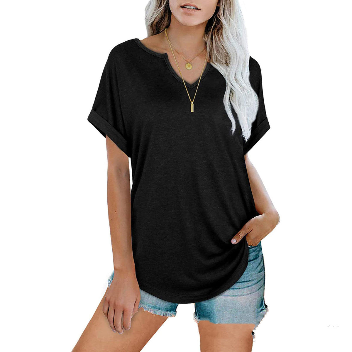 Solid Color V-neck Short-sleeved T-shirt Top