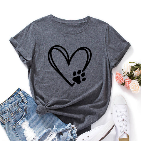 Women's Loose Round Neck Short Sleeve T-shirt With Heart-shaped Paw Print