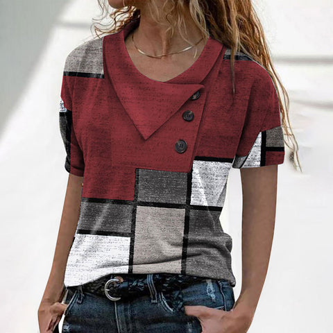 Color Block with Cross Collar Button Short Sleeve Top