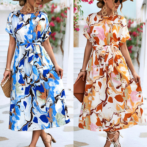 Summer Print Short-sleeved Lace-up A-line Long Dress