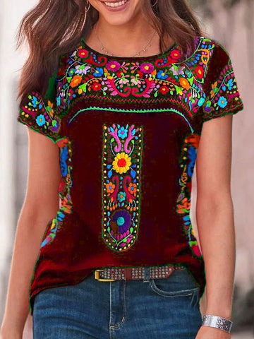 Women's Bohemian Print Round Neck Short Sleeve Top