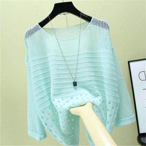 Women's Loose Scoop Neck Thin Hollow Knit Blouse