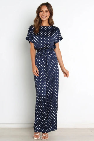 Round Neck Short Sleeve Polka Dot Printed Lace Up Waist-tight Jumpsuit