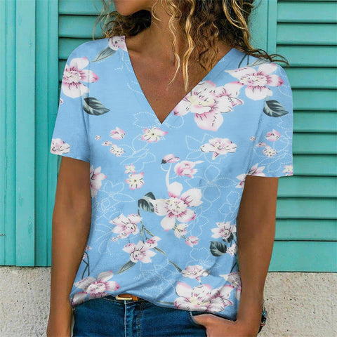 Floral Print Casual Short Sleeve V-Neck Pullover Top