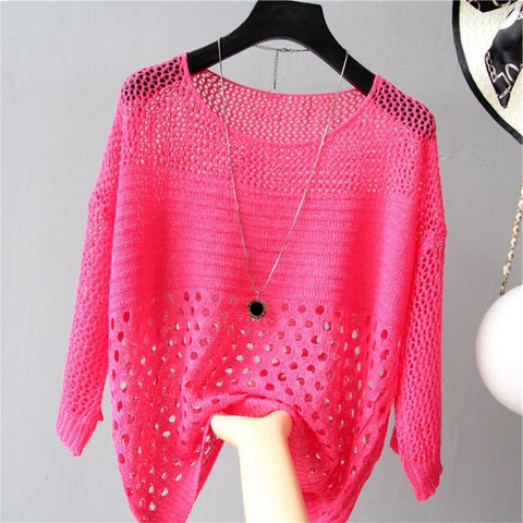 Women's Loose Scoop Neck Thin Hollow Knit Blouse