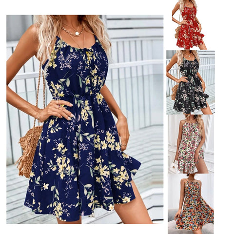 Floral Print Suspender Dress With Elastic Waist Summer Dress