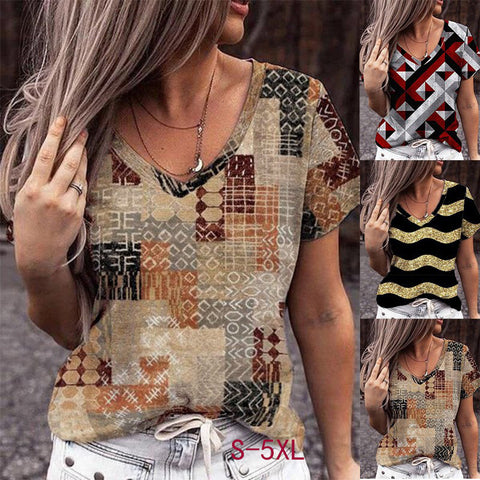 Geometric Print V-Neck Short Sleeve Top