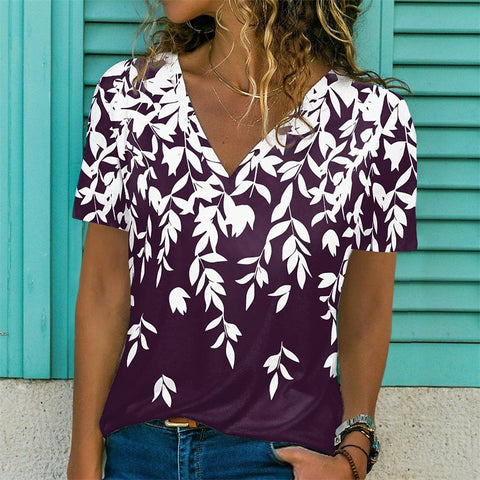 Printed Short Sleeved V-neck Loose Fitting Women's Top