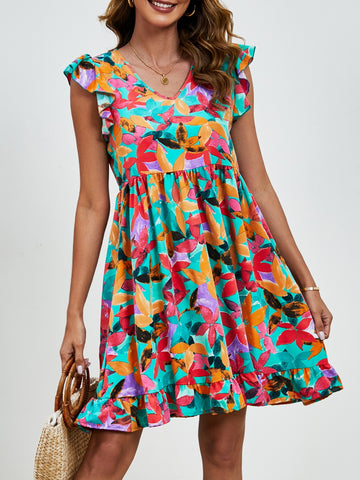 Leaf Print V-neck Ruffled Sleeveless A-Line Dress