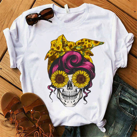 Women's Floral Skull Trendy T-Shirt