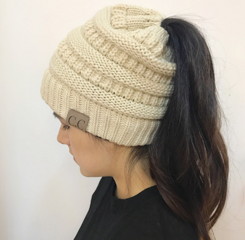 High Bun Ponytail Beanie Hat Chunky Soft Stretch Cable Knit Warm Fuzzy Lined