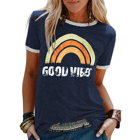 Fashion Rainbow Good Vibes Crew Neck Short Sleeve Top