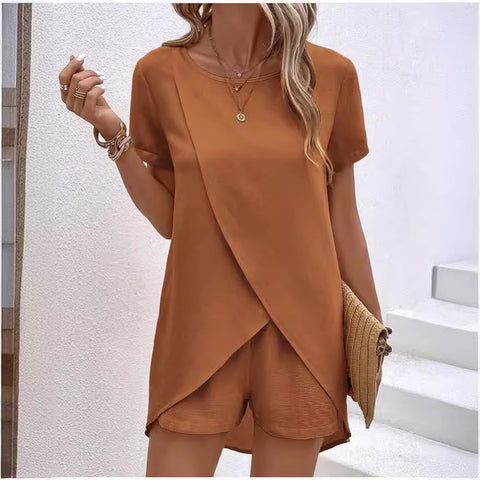 Solid Color Women's Top and Shorts Set