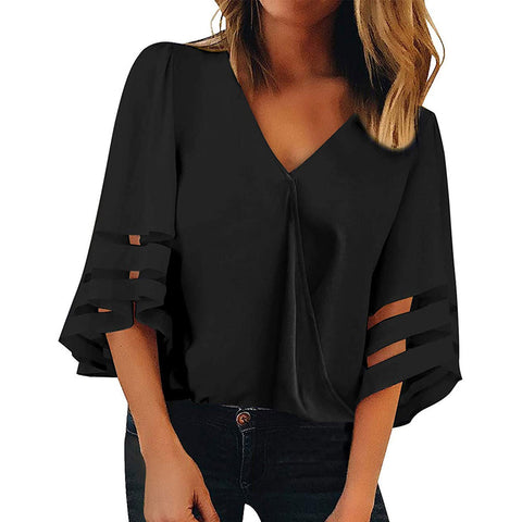 Loose V Neck Mesh Panel Flared Sleeve Top