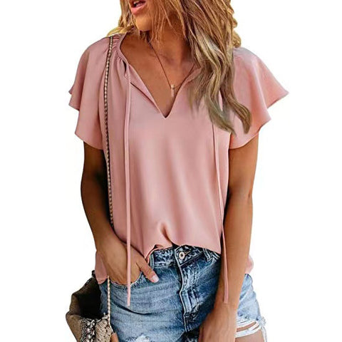 Pure Color Casual V-neck Chiffon Loose And Simple Top