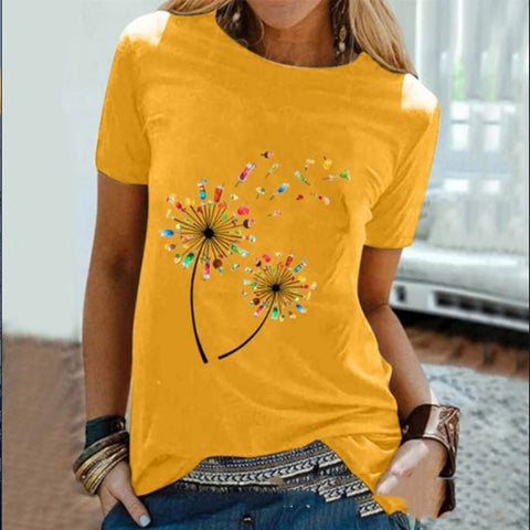 Wine Glass Dandelion Print Round Neck Short Sleeve Top