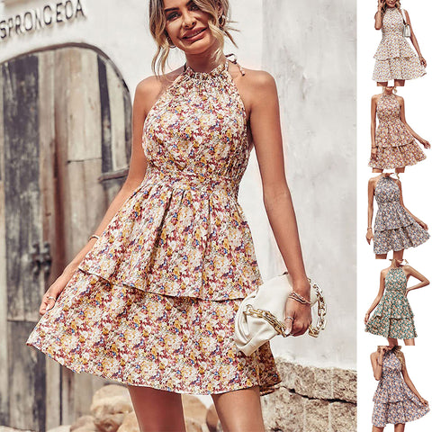 Summer Print Halter,Backless Ruffled A-Line Beach Dress