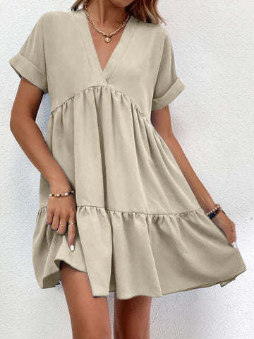 Short-sleeved V-neck Dress Summer Casual Sweet Ruffled Dress