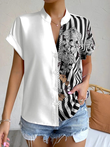 Double Contrast Color Floral Button Short Sleeve Shirt