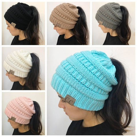 High Bun Ponytail Beanie Hat Chunky Soft Stretch Cable Knit Warm Fuzzy Lined