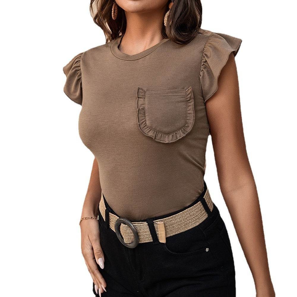 Sleeveless Solid Color Spliced Ear Edge Pocket Top