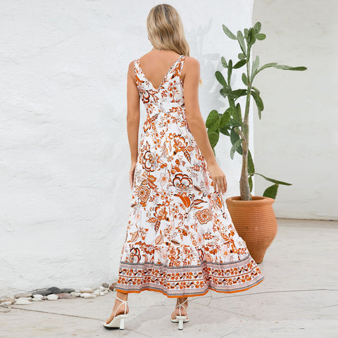 Fashion Floral Print V-neck Summer Dress, Sleeveless Long Dress