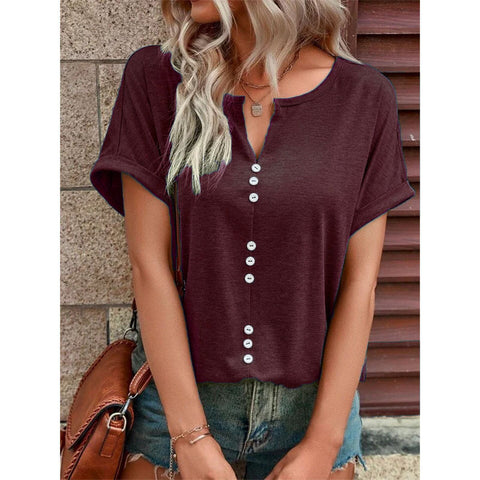 Button Front V-neck Short Sleeve Top