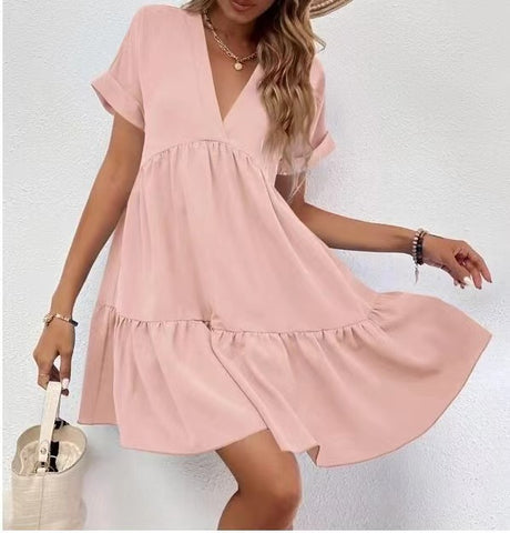 Short-sleeved V-neck Dress Summer Casual Sweet Ruffled Dress